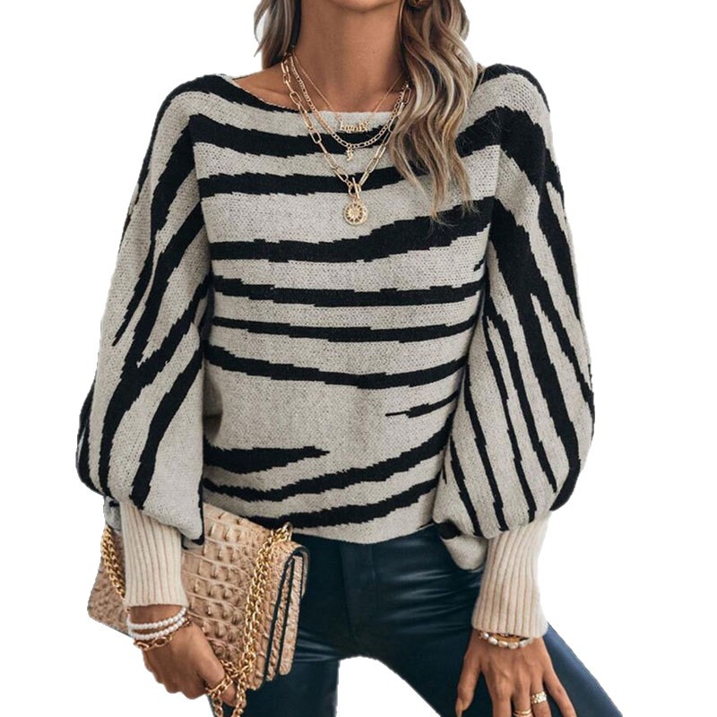 Women's Clothing Autumn And Winter Sweater Loose Knitted Zebra Print Batwing Sleeve Off-Shoulder Sweater Women's Loose Knit Top For Autumn Winter_voghion.com