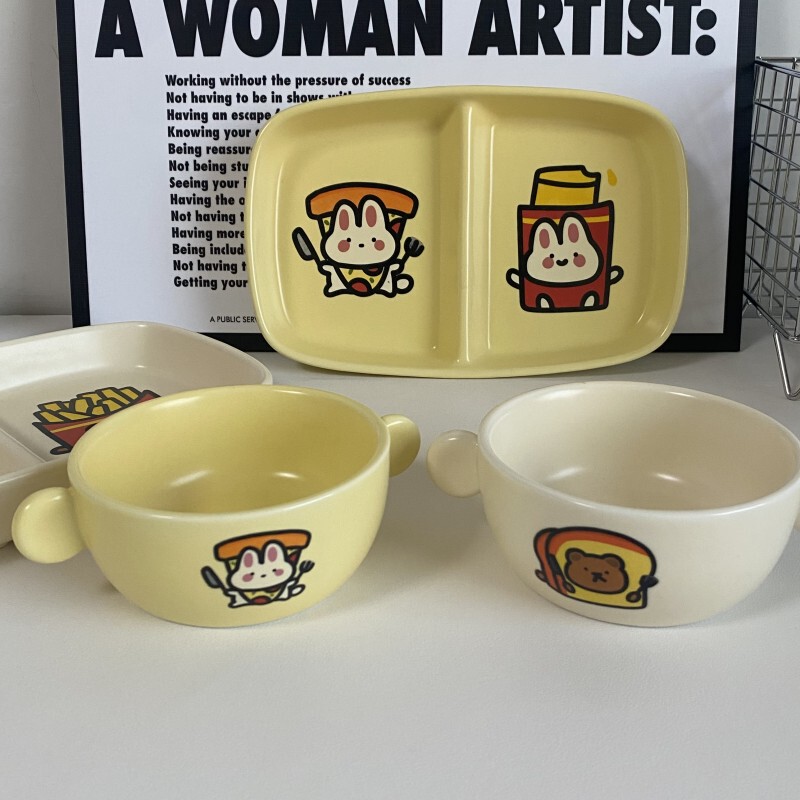 Korean Ins-Style Ceramic Tableware Small Bowl Rice Children's Dining Bowl Bowl and Plate Set Bowl and Plate Gift Box Modern Simple