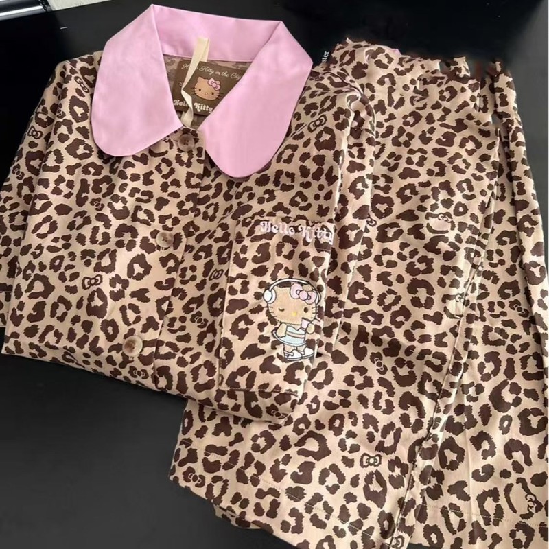 韓国版ヒョウ柄キティ猫パジャマ女性の夏の新しい半袖ショーツスーツ美少女ホーム服 2 点セット|undefined