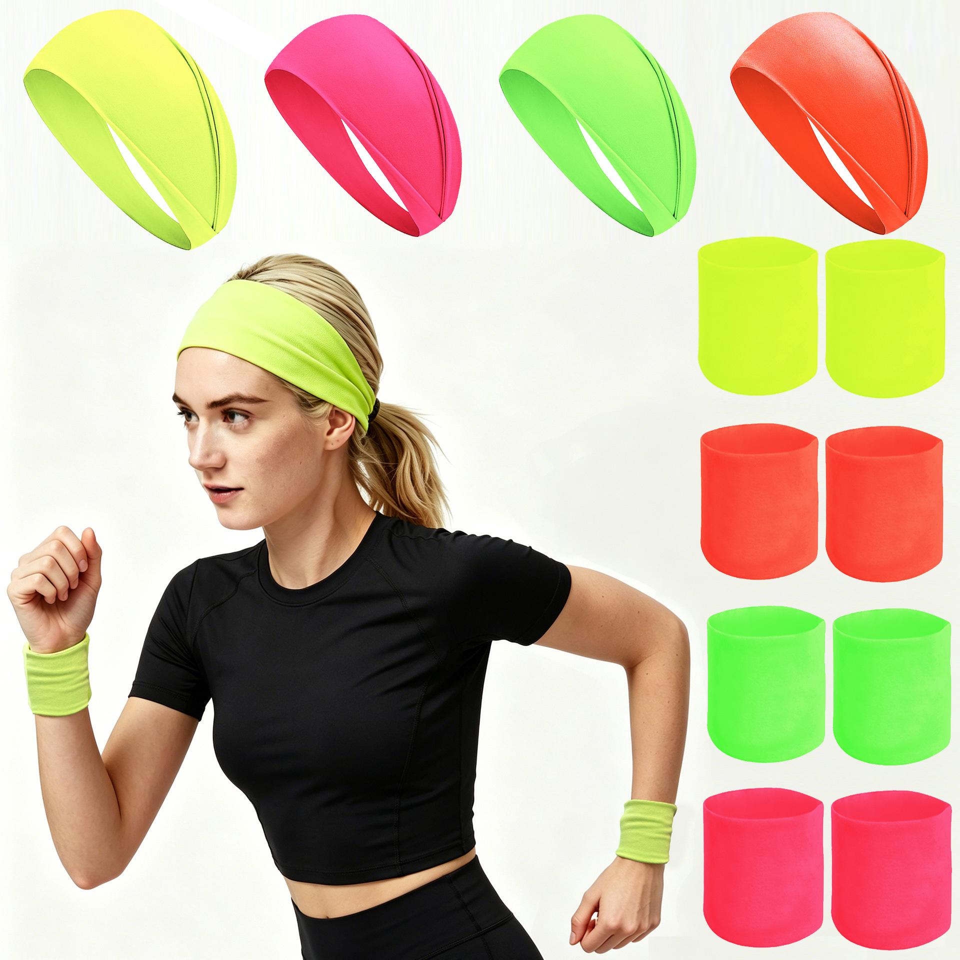 European and American Sports Fluorescent Color Headband and Wristband Set, Fitness Running Sweat-Absorbing Headband, Elastic Knitted Wristband