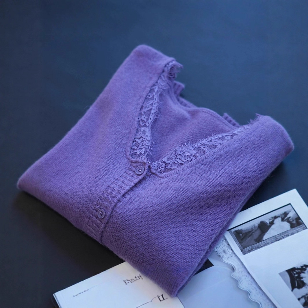 Elegant Wool Lace Splicing V Neck Loose Knitted Cardigan Women's Sweater 2025 Autumn and Winter New Style G113020
