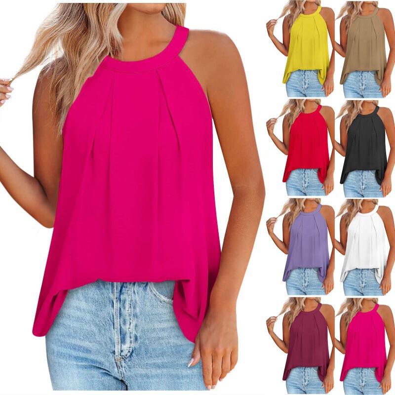 2024 Amazon New European and American Style Women's Loose Halter Neck Ruched Flowy Sleeveless Summer Tank Top in Stock