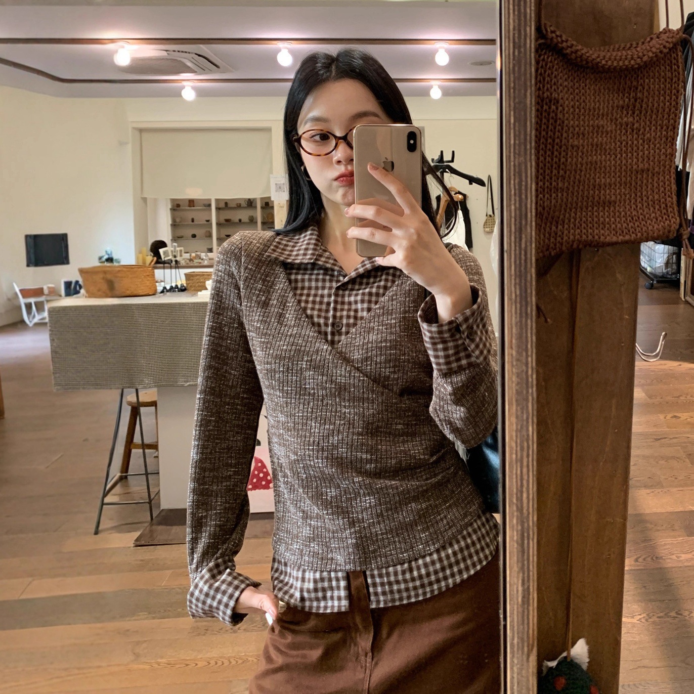 11.03广州十三行25冬复古格子不规则衬衫拼接假两件针织衫女F6718