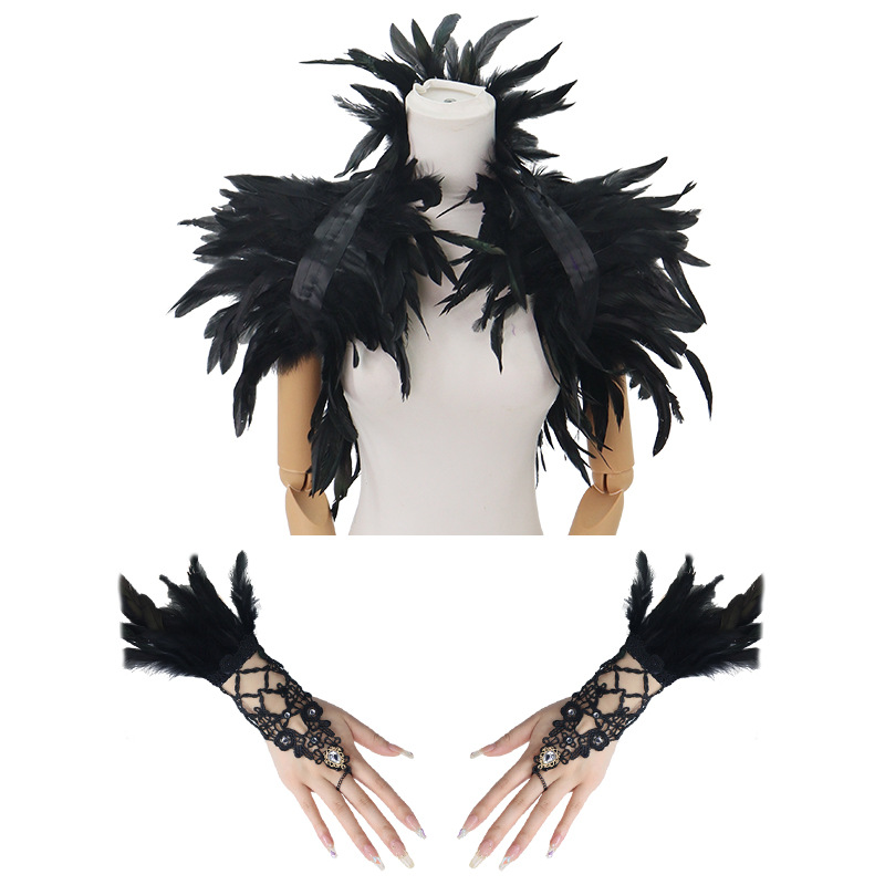 Nuevos productos transfronterizos de plumas, pañuelos de diamante, brazaletes de encaje, espectáculo de baile, vestido sexy, set oscuro