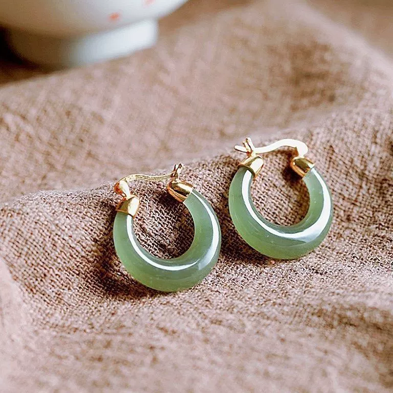 Серьги из золотого шелка и нефрита из авантюрина, серьги из сплава с инкрустацией в форме полумесяца, элегантные серьги в стиле ретро для женщин