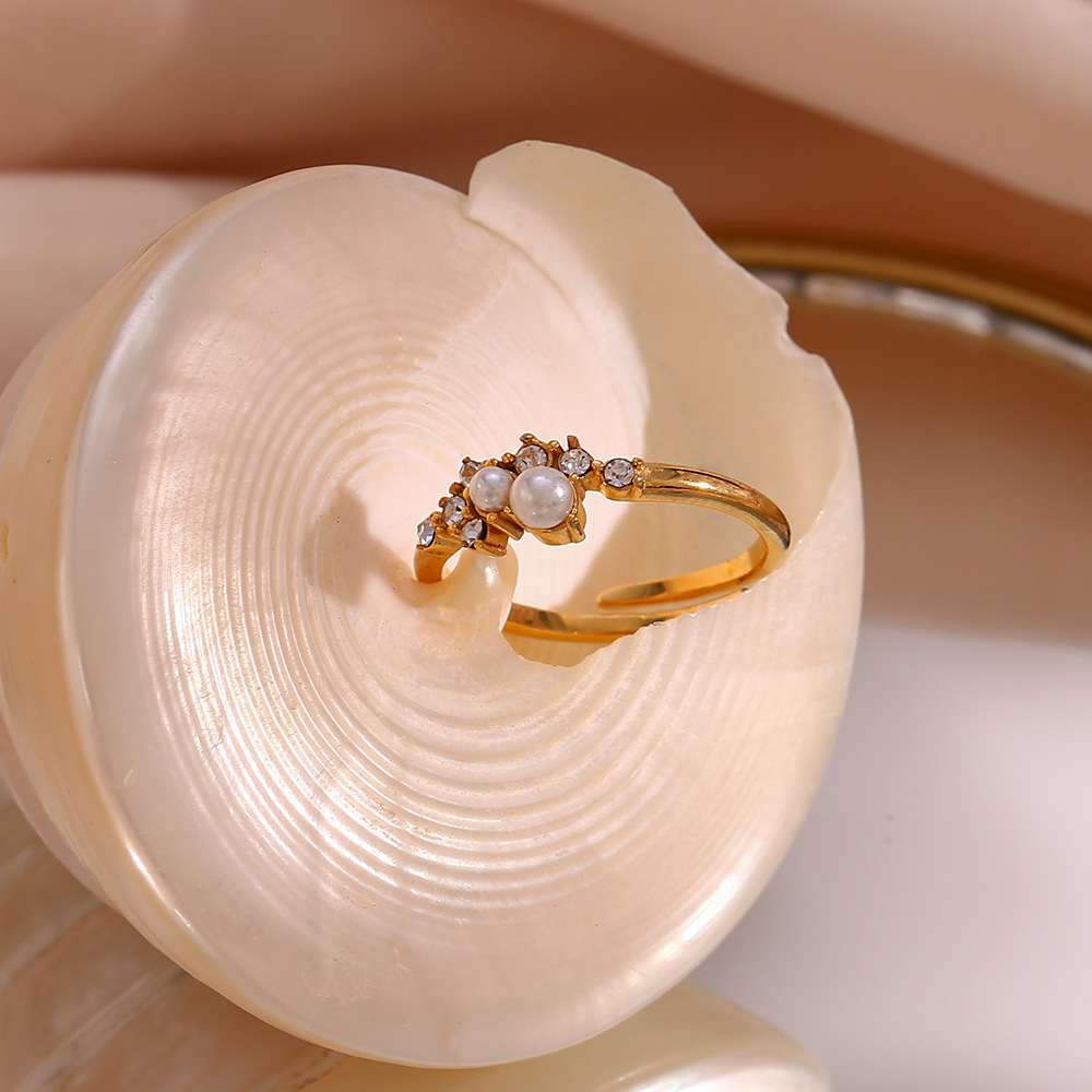 Fashion Geometric Stainless Steel Inlay Artificial Pearls Zircon Open Ring 1 Piece