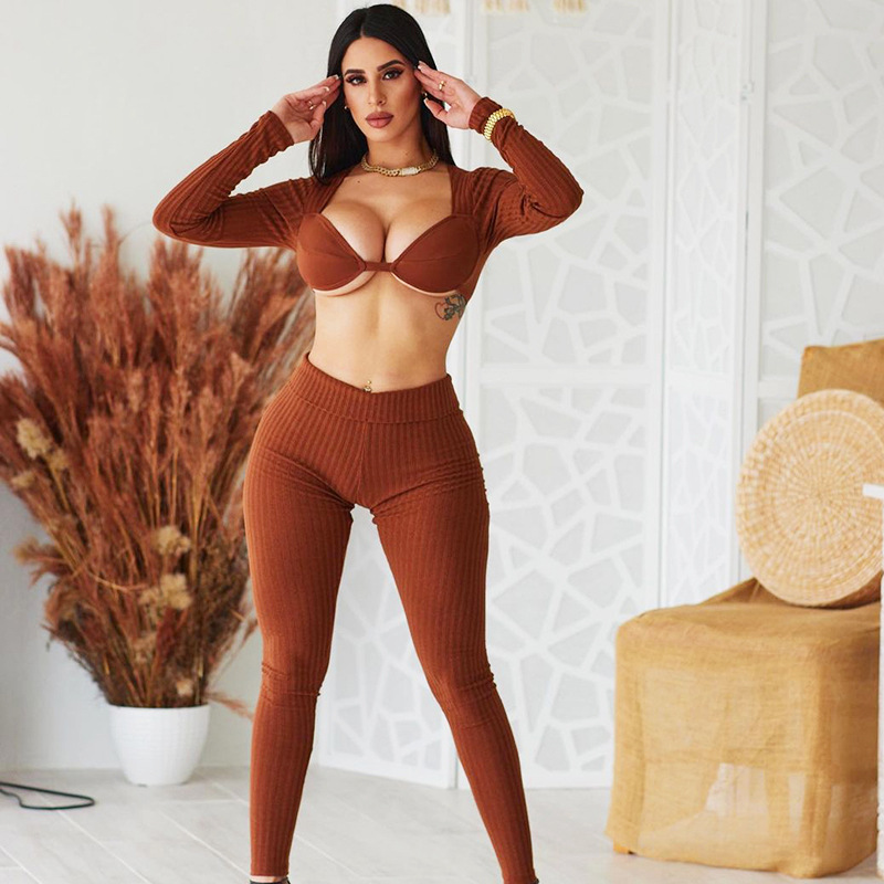 long sleeve wrap chest high waist tight solid color top and pant set NSCBB121849