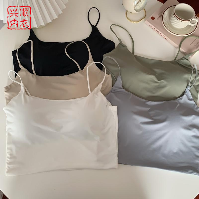 夏季冰絲小吊帶美背女短款內搭外穿打底短款固定杯帶胸墊背心