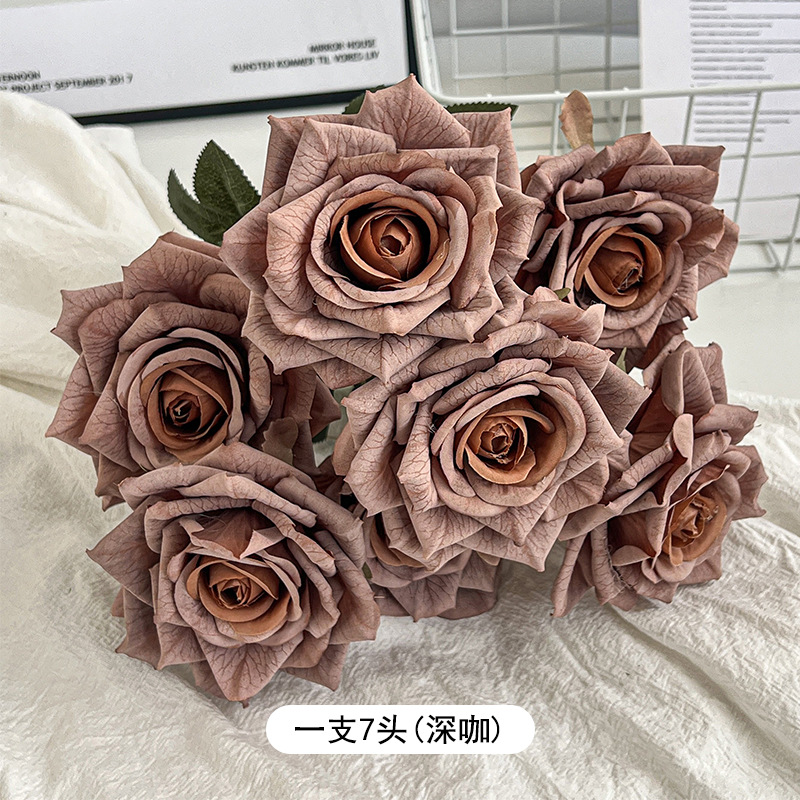 7 cabezas capuchino en relieve ramo de rosas flores artificiales boda decoración de coche flores falsas ramo de flores secas sentido de alta gama