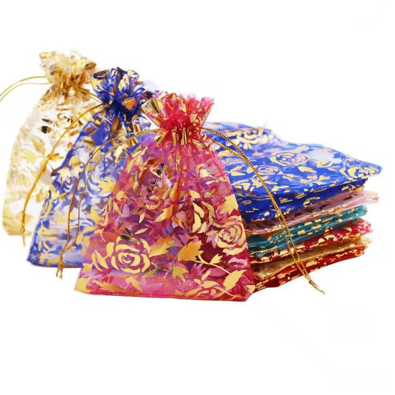 Rose Flower Heart-Shaped Gold-Stamped Drawstring Gauze Bag Valentine's Day Gift Packaging Bag Wedding Candy Cosmetics Jewelry Storage Bag
