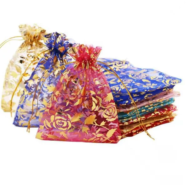 Rose Flower Heart-Shaped Gold-Stamped Drawstring Gauze Bag Valentine's Day Gift Packaging Bag Wedding Candy Cosmetics Jewelry Storage Bag