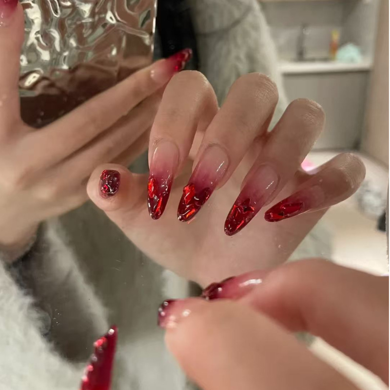 2026 Hot-Selling Pomegranate Red Gradient Rhinestone Dazzling Long-Length Nail Art That Enhances Complexion, High-End Luxury, Detachable