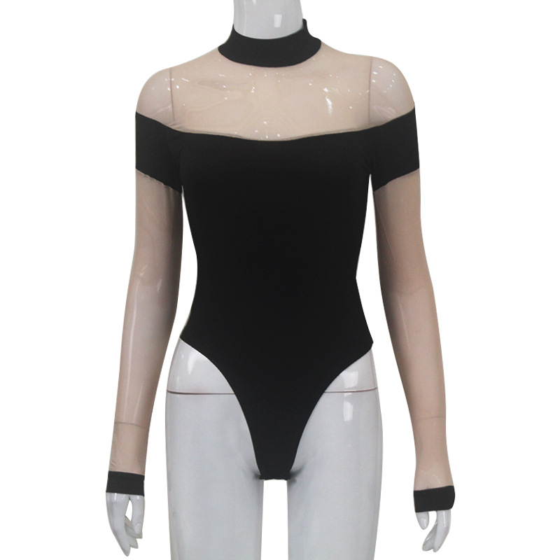 Ropa de mujer europea y americana estilo caliente manga larga malla ajustada costura transparente sexy mono estilo chica caliente delgado de una pieza superior