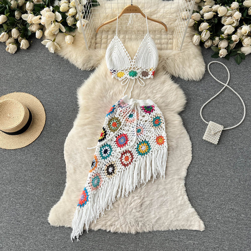 Summer Bohemian Knitted Hollow Crochet Neck V-Neck Tube Top + Irregular Skirt Two-Piece Suit Summer Bohemian Knitted Hollow Crochet Neck V-Neck Tube Top + Irregular Skirt Two-Piece Suit