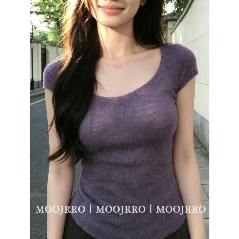 Purple U-Neck Short-Sleeve Knit Top for Women, Summer Pure Desire Sexy Slim-Fit Waist-Cinching Slimming Short Top for Petite Figures Purple U-Neck Short-Sleeve Knit Top for Women, Summer Pure Desire Sexy Slim-Fit Waist-Cinching Slimming Short Top for Petite Figures