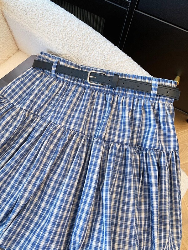 复古学院风格子配腰带花苞半身裙女夏季新款防走光格纹蓬蓬短裙子|undefined