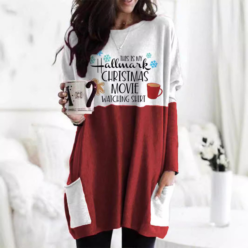 284043 Christmas popular women's clothing foreign trade cross-border plus size pocket printing European and American Amazon independent station sweater