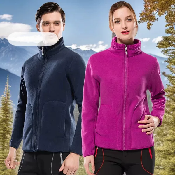 Outdoor Fleece Jacket for Women and Men, Couple's Polar Fleece Coat, Thickened and Fleece-Lined, Warm Double-Sided Coral Fleece Jacket, Long Sleeves