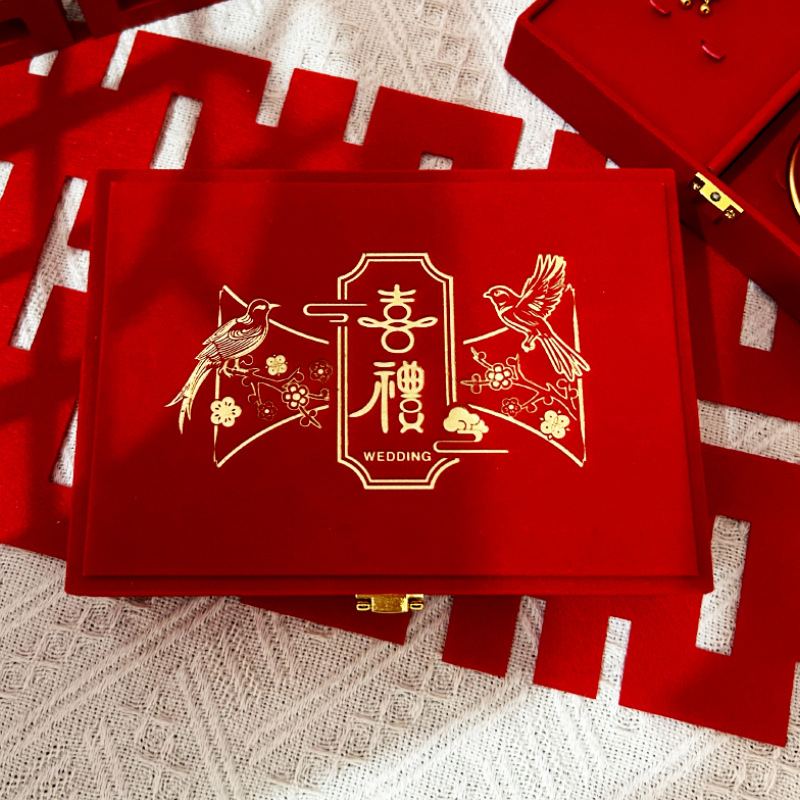 Caja de joyería de tres anillos de oro, caja de bodas, caja de almacenamiento, regalo de bodas, compromiso chino.