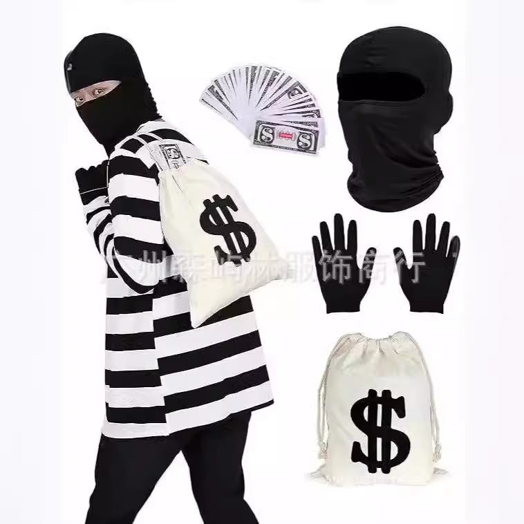 新品跨境万圣节盗贼服装男士万圣节条纹长袖男士囚犯角色扮演服装