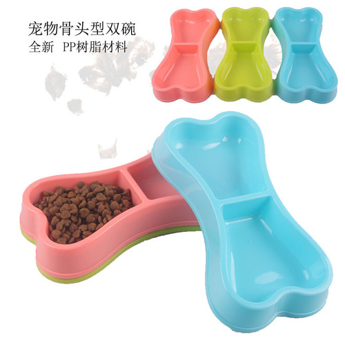 Cross-border dog bowl plastic bowl bone shape pet food bowl dog water feeding double bowl two-in-one pet bowl