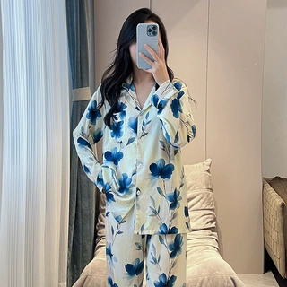 睡衣女春秋季棉绸薄款大码印花长袖长裤开衫人造棉家居服厂家批发