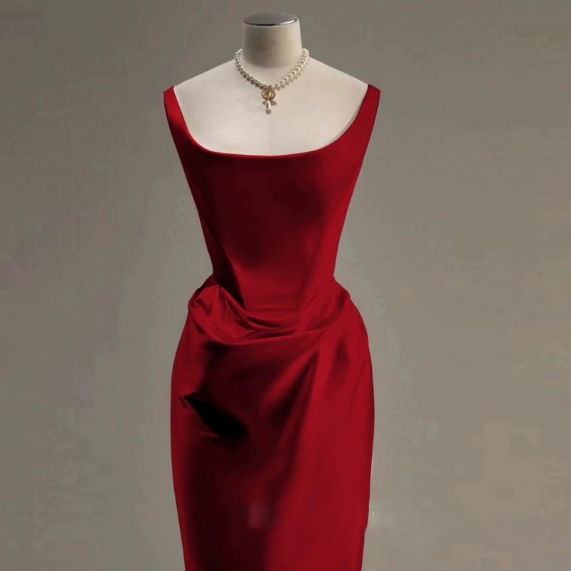 Evening dress for bride, burgundy fashionable brace, "fish tail" cut