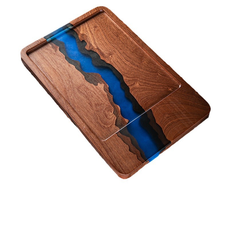 Directo de fábrica hogar rectangular seco mesa de té de madera maciza resina té bandeja creativa hecha a mano bandeja de té de una sola pieza de entrega al por mayor
