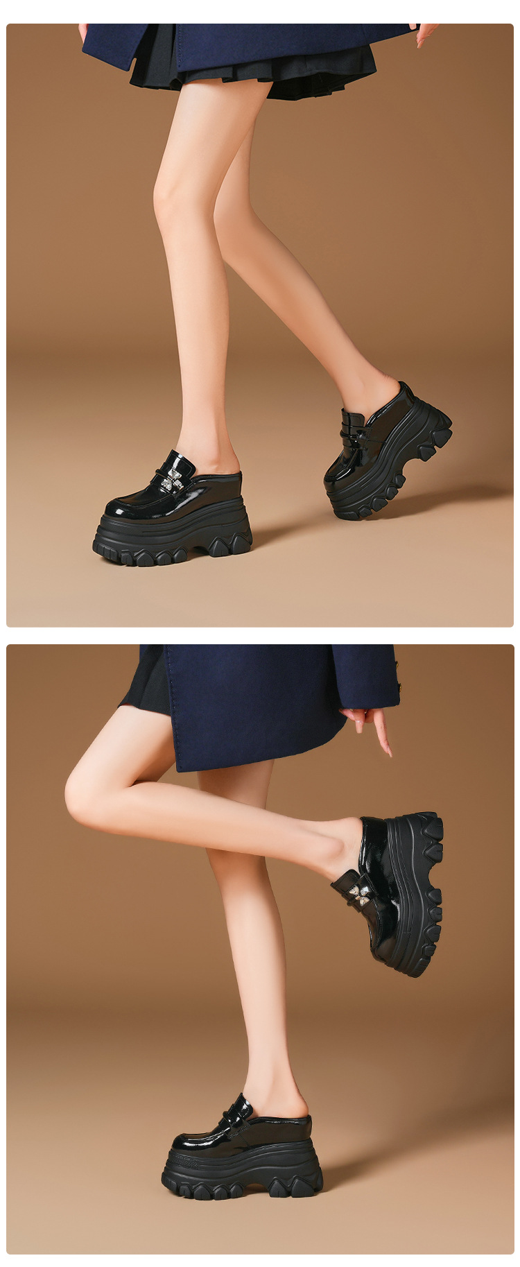 Sandal cao gót nữ mũi hở đế xuồng platform da bóng gót 12 cm — màu đen chi tiết 7