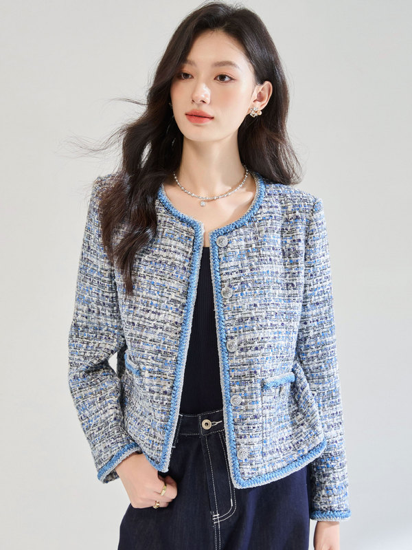 25秋季高级感重工编织蓝色亮丝小香粗花呢外套名媛气质上衣25106|undefined