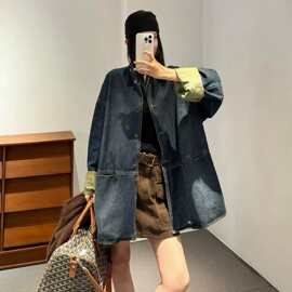 26秋季复古撞色宽松廓形oversize牛仔外套H版袖口拼色上衣146