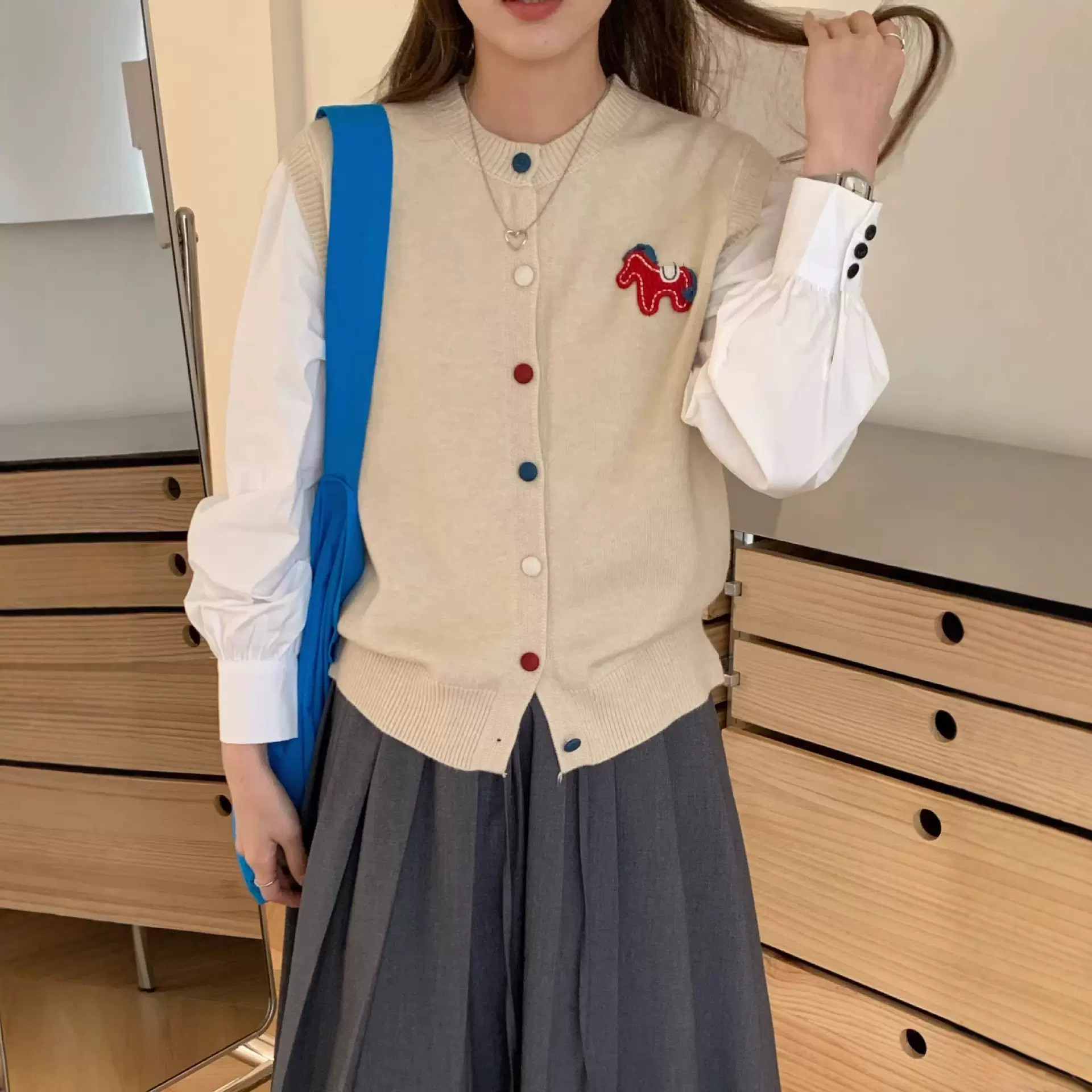 春季新款复古减龄小马拼接假两件针织开衫女韩系长袖圆领毛衣外套