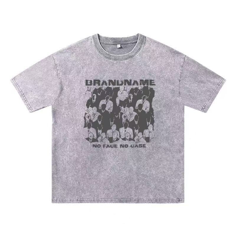 2025 transfronterizo pesado camiseta de manga corta hombre lavado retro cuello redondo suelto estilo hip-hop americano camisa de hombro en la moda