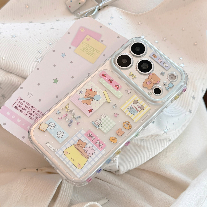 Milk blue bear collage design, suitable for Apple 17 phone case, iPhone 18 Pro, cute transparent design with heart-shaped accents on the sides, also available for iPhone 15 and 16 Milk blue bear collage design, suitable for Apple 17 phone case, iPhone 18 Pro, cute transparent design with heart-shaped accents on the sides, also available for iPhone 15 and 16