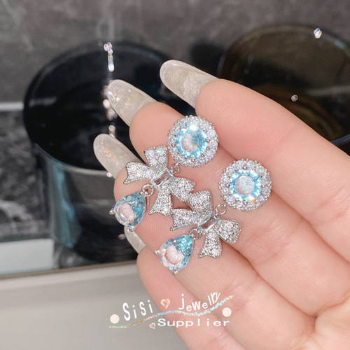 SIsi heavy industry light luxury bow love earrings gold-plated micro-inlaid imitation aquamarine niche super fairy temperament earrings