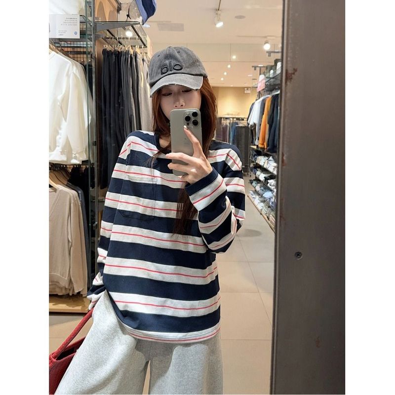 美式复古慵懒条纹圆领长袖t恤女秋季新款设计感宽松休闲百搭上衣|undefined