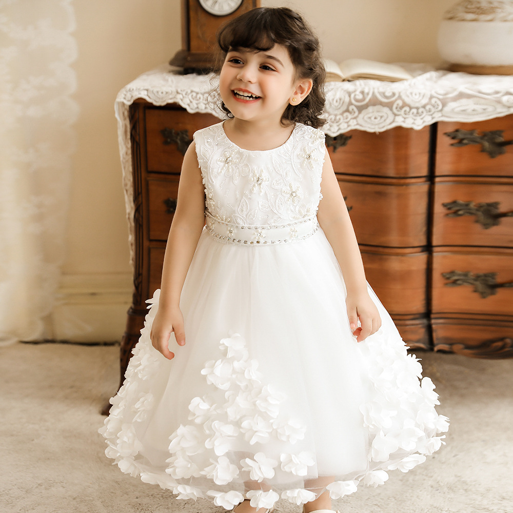 Ropa de niños europeos y americanos nuevas niñas vestido Flor de cuentas piano rendimiento vestido de boda niña princesa vestido