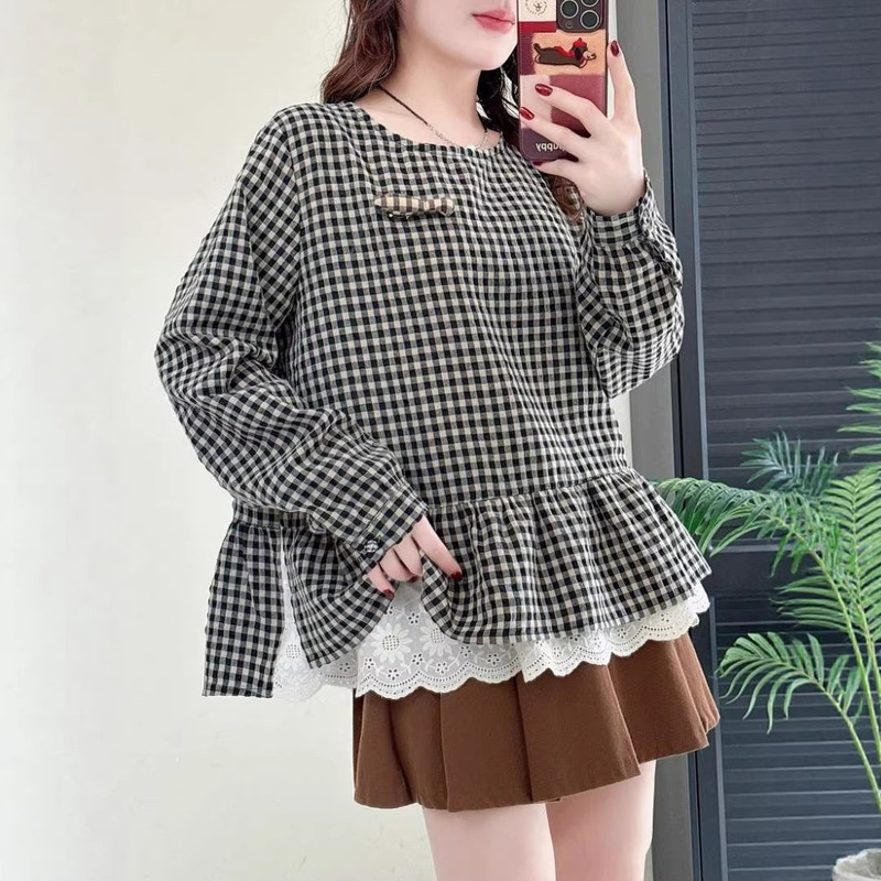 Forest-Style Artistic Lace-Trimmed Plaid Shirt 2026 Spring New Loose Babydoll Shirt Slimming Top 537
