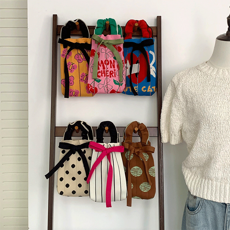 Bolsa de punto, oreja de madera, diseño de nicho, bolso con cordón de dibujos animados, bolso de mensajero portátil de todo fósforo, bolso de teléfono móvil