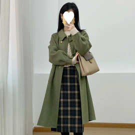 2025新款设计感苔绿色法式复古呢子大衣女秋古着毛呢外套女