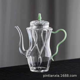 日式泡茶壶耐热玻璃透明带把手过滤孔小号茶壶彩把家用功夫茶具