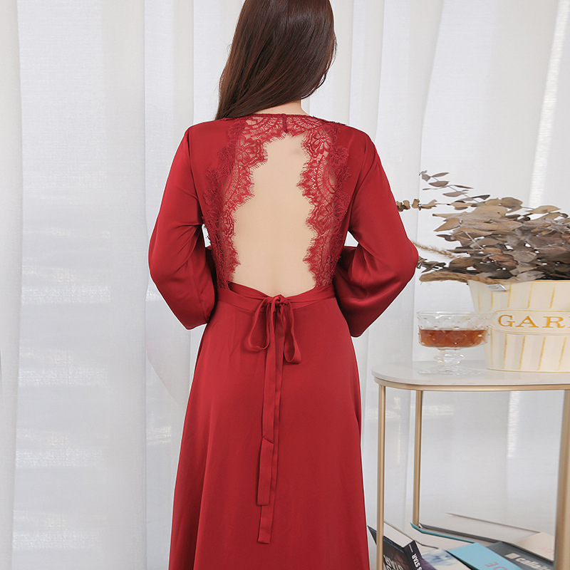 Wedding Morning Robe Female Bride Long Pajamas Backless Sexy French High-end Bridesmaid Dress Red Wedding Robe Summer