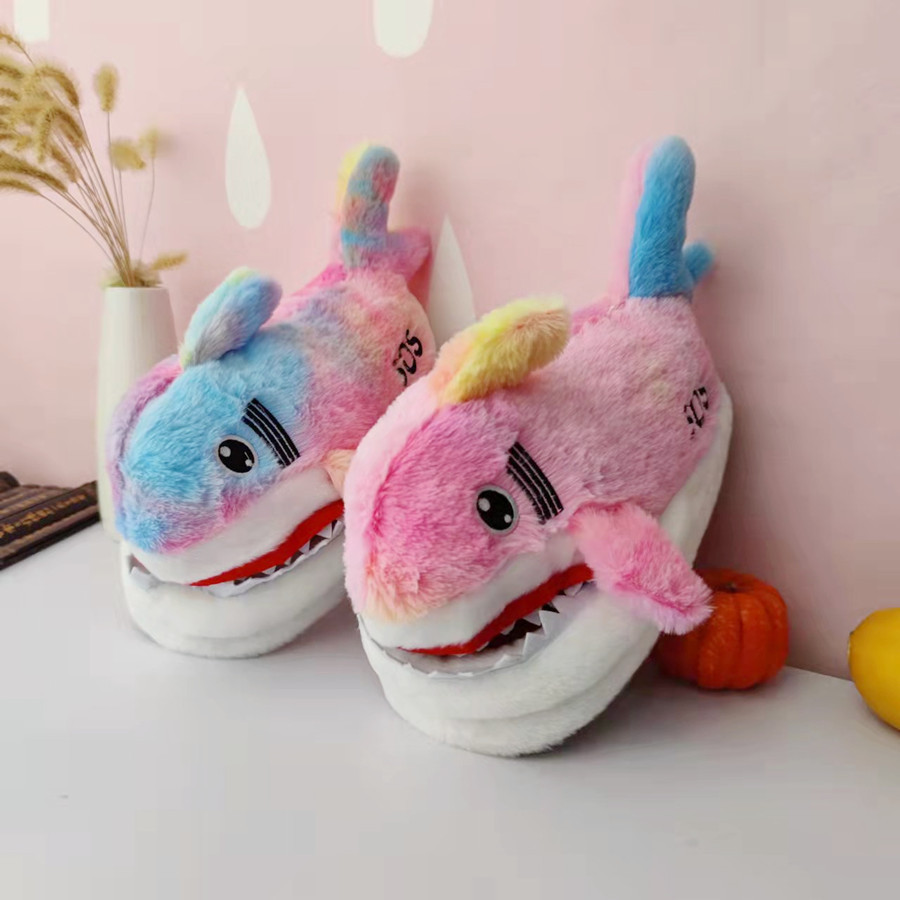 Pantofole di peluche con testa di squalo, suola spessa, 3D, per interni, calde, casa, cartone animato, scarpe di cotone_voghion.com