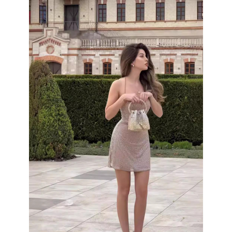 OH POLLY Sexy Hot Drilling Hanging Neck Sexy dress Niche Design Tight-Fit Waist Tube Sheath Skirt