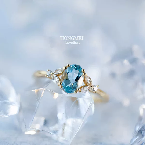 S925 Sterling Silver Plated 18K Gold Aquamarine Diamond Ring Women's Niche Open Design Accessible Luxury High-End Versatile Hand Jewelry