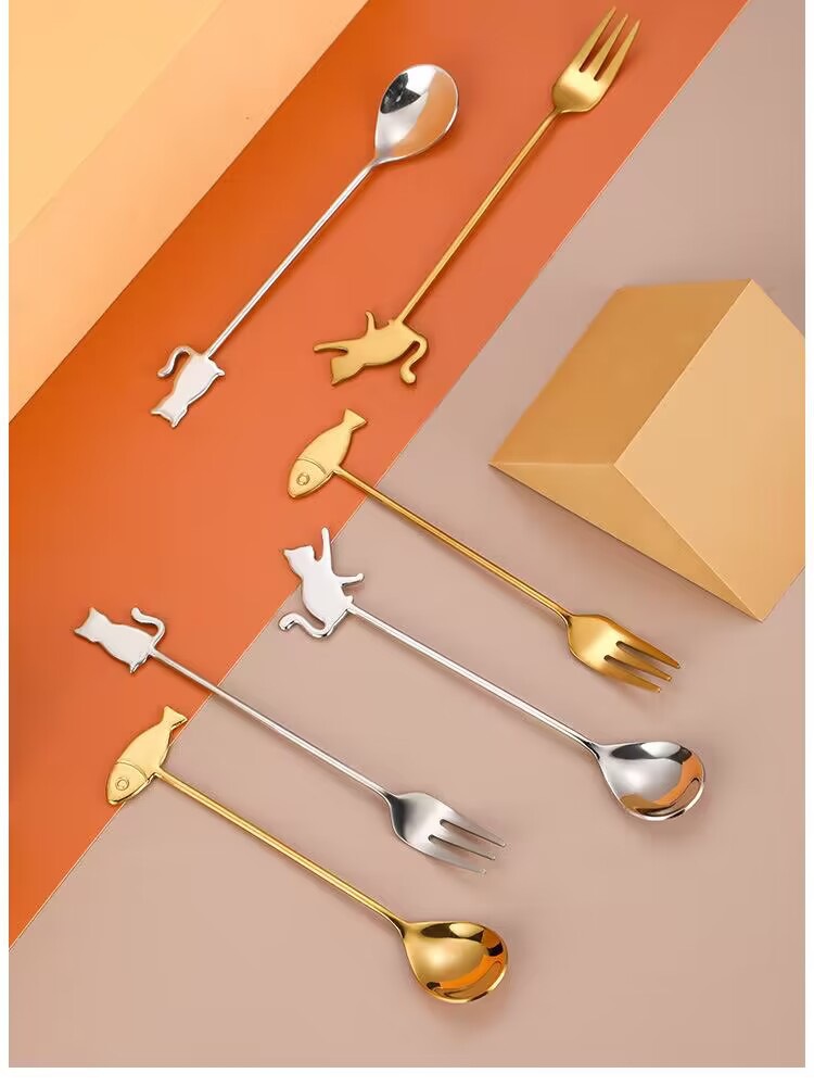 Cute kitten handle fork and spoon 304 stainless steel coffee spoon…