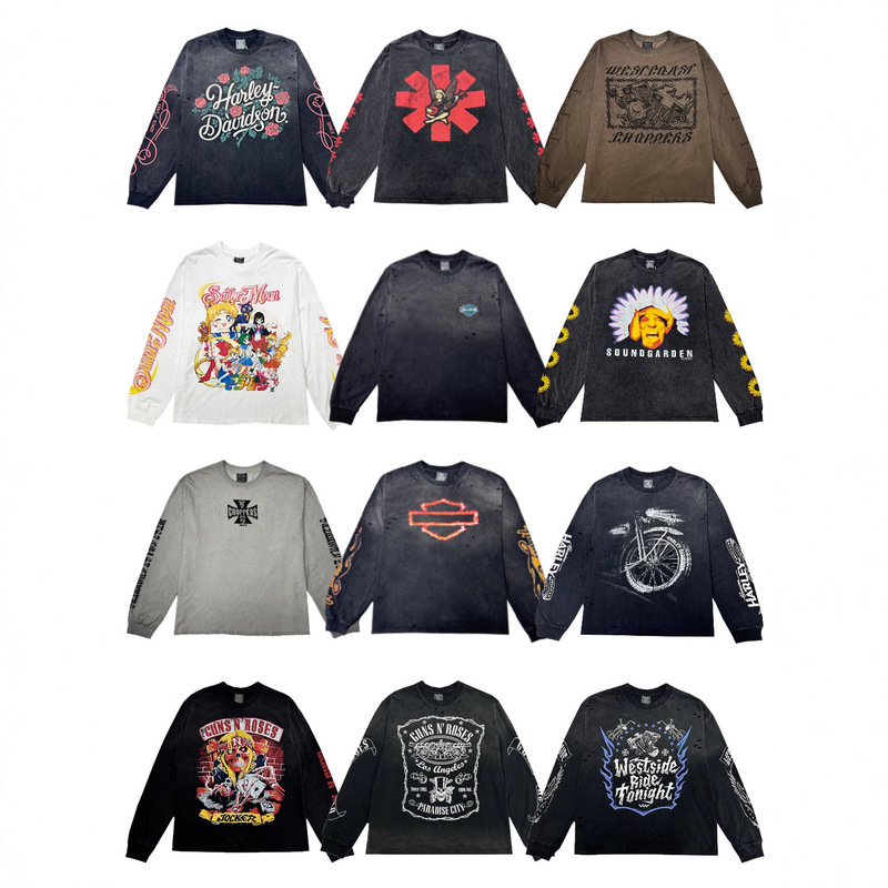 American Trendy Brand Heavyweight High Street Harley Retro Vintage Band West Coast Vtg Long-Sleeved Distressed Loose T-Shirt