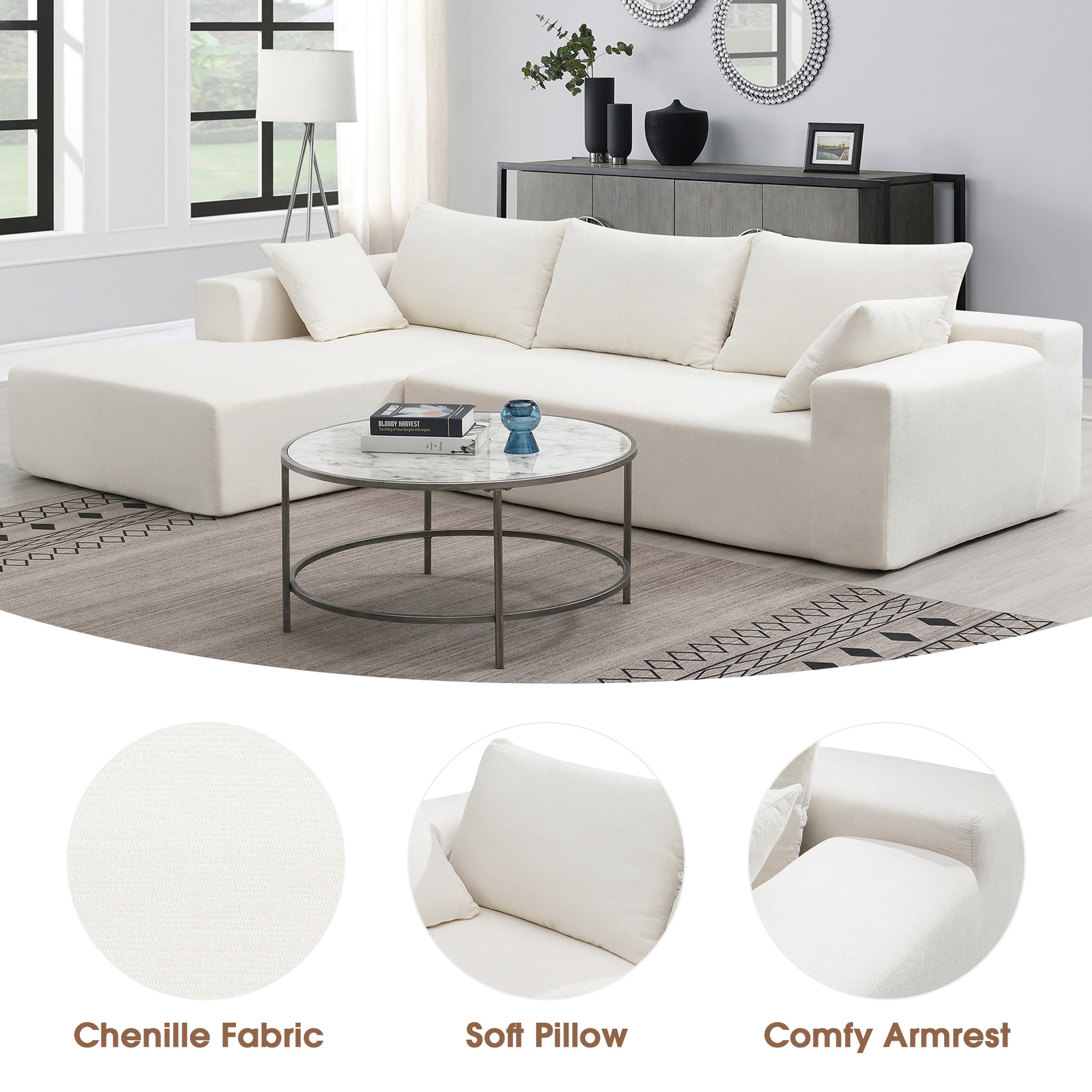 Art de arena minimalista para la sala de estar doméstica, suelo moderno y pequeño sofá de tela de casa simple