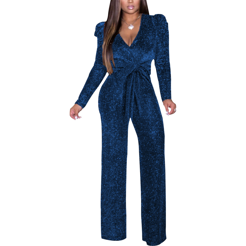 V-Neck High-Stretch Waist Lace Up Filigree Jumpsuit NSMRF116718