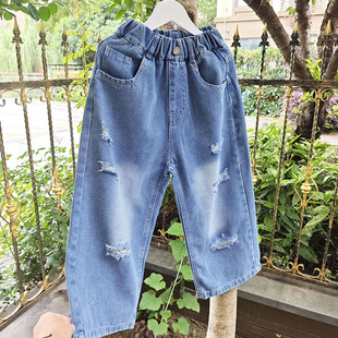 Beidoh Children's Jeans Spring and Autumn Denim Trousers Washed Denim Ripped Old Medium and Large Children's Handsome Pants